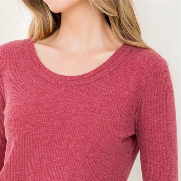 Raspberry Round Neck Long Sleeve Ribbed Tee - Picture 7 of 16